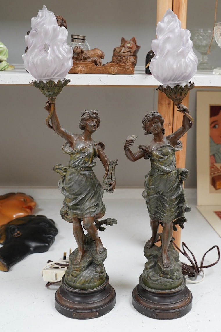 After Guillemin (1841-1907), a pair of spelter figural lamps with frosted glass shades, overall 61cm high. Condition - poor to fair, damage to glass